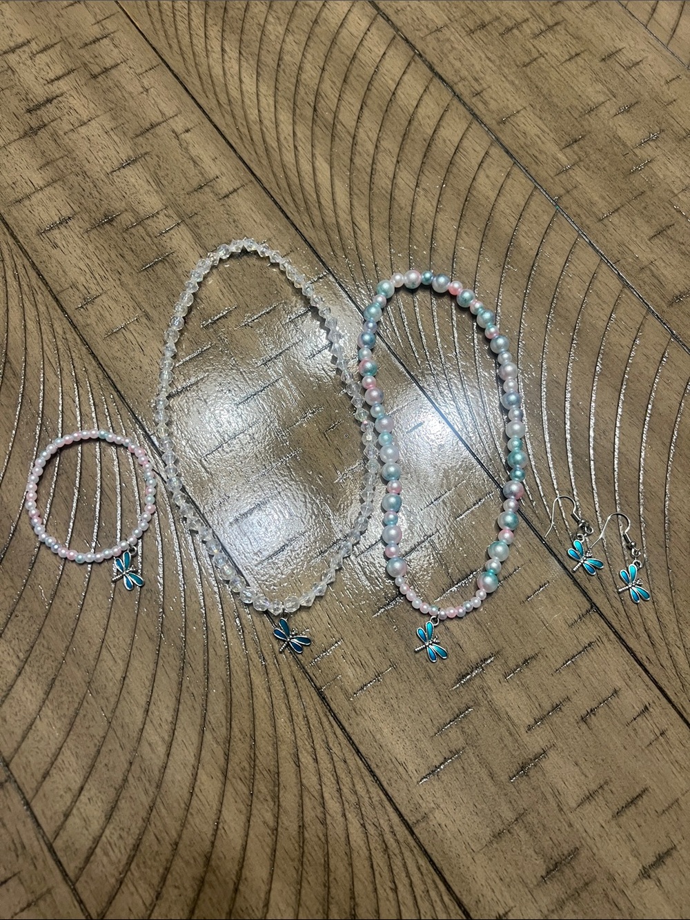 Girls Beaded Pastel Necklace, Bracelet & Earring Set with Blue Dragonfly Charms
